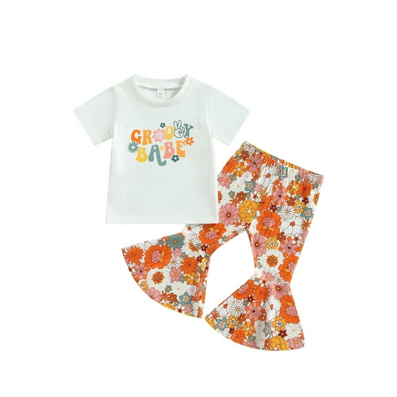 Wassery Toddler Baby Girls Summer Outfits Letter Print Short Sleeve Tops Crew Neck T-Shirts with Floral Flare Pants 2Pcs Clothes Set  6M-4T