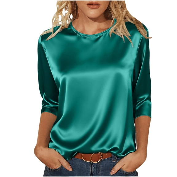 Alkepwun Plus Size Tops Shiny Satin Crew Neck Pullover 3/4 Sleeve Top Basic Style Casual Comfortable Soft Business-Casual Clothes