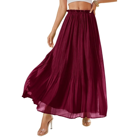 Long Skirts for Women Chiffon Elastic Waist Flowy A Line Pleated Midi Skirt, XL