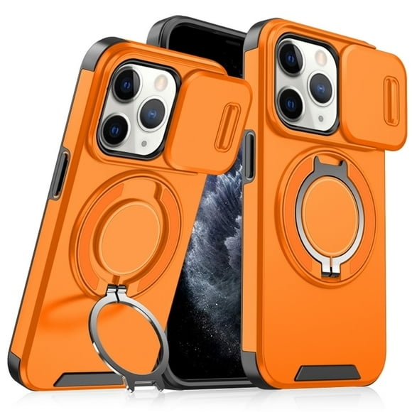 Case for iPhone 11 Pro Max 6.5-inch, Built In Slide Camera Cover & Rotatable Kickstand Sliding Ring Heavy Duty ShockProof Protective Case for iPhone 11 Pro Max,Orange,For iPhone 11 Pro Max