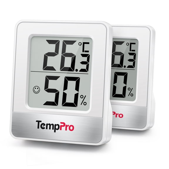 TempPro TP49 2 Pieces Digital Hygrometer Indoor Thermometer Humidity Meter Room Thermometer with Temperature and Humidity Monitor Mini Hygrometer Thermometer White