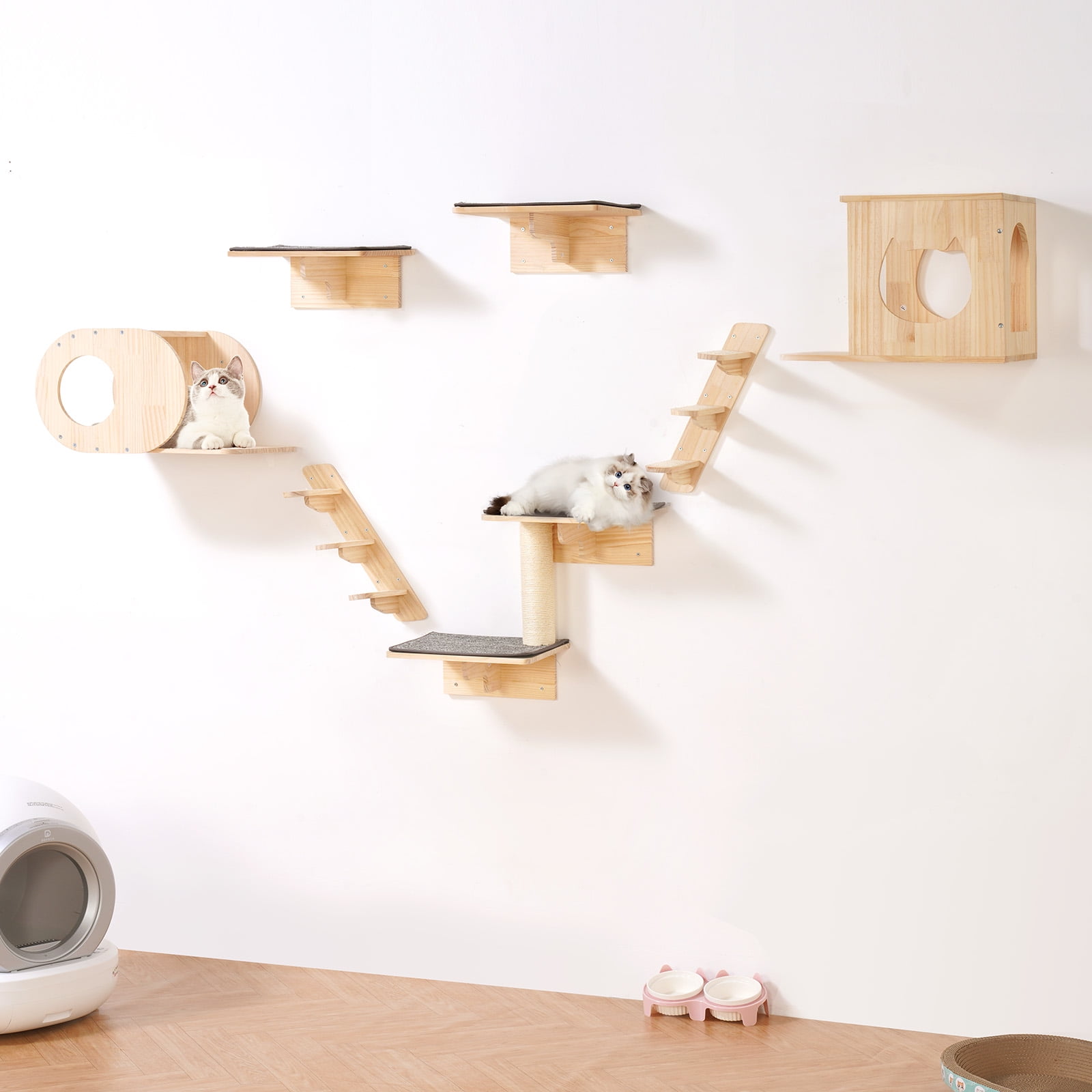 VEVOR Wall Mounted Cat Shelves, Cat Wall Shelves and Perches with Jumping Boards, Cat Beds, Hammocks & Cat Tree, Cat Furniture and Shelves up to 40 lbs for Sleeping, Playing, Climbing, Set of 7