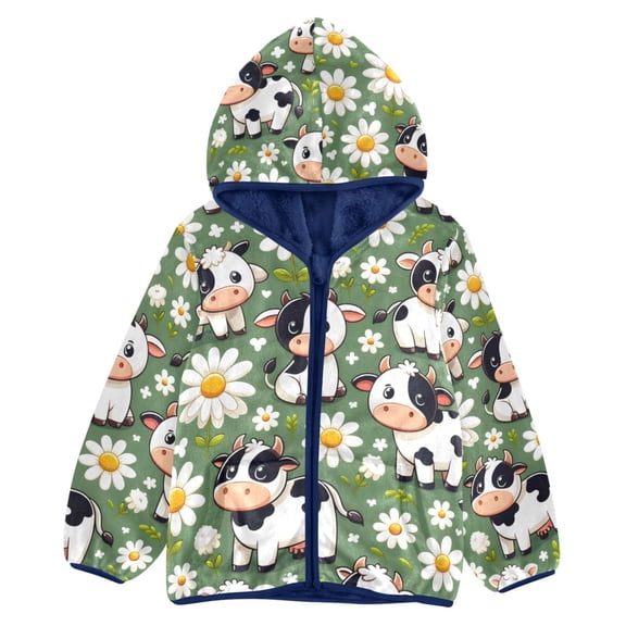 ALAZA Toddler Polar Fleece Jacket Cute Cow and Daisy Flower Kids Hooded Warm Coats Outerwear 5T