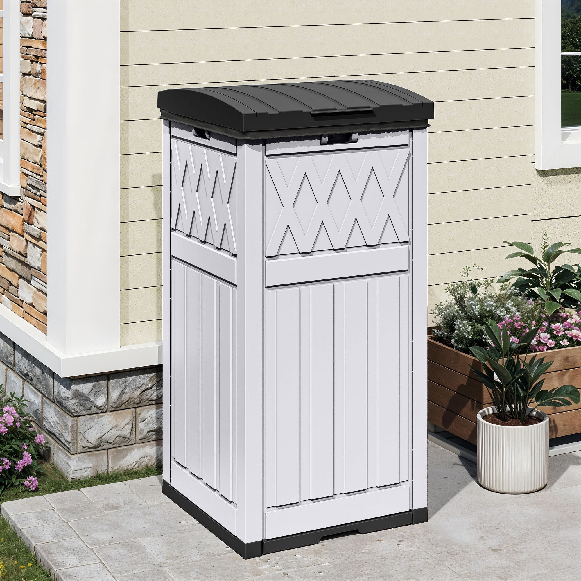 Uforic 32 Gallon Outdoor Trash Can, Waterproof Resin Garbage Bin with Lid & Drip Tray for Porch Backyard Patio, White & Black