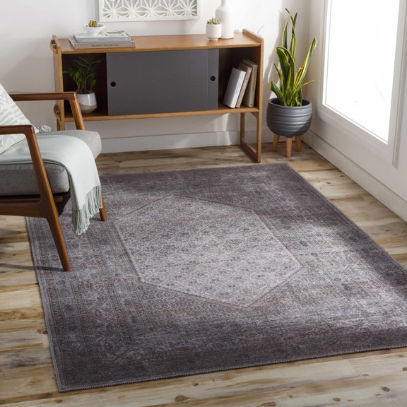 Hauteloom Lucca Living Room, Bedroom Machine Washable Area Rug - Medallion Border Distressed - Traditional Oriental Transitional - Gray, Blue, Beige - 5'3" x 7'3"