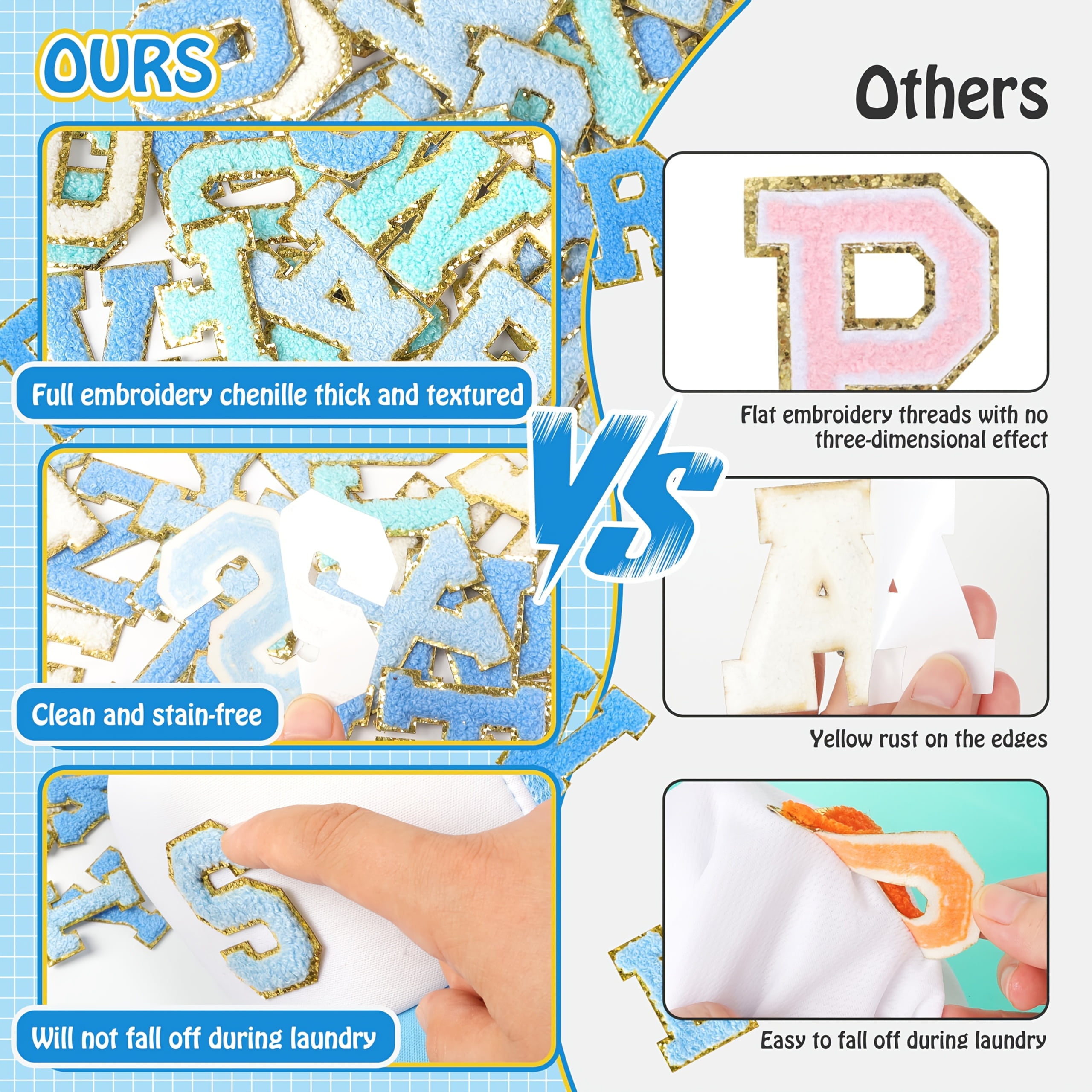 Self-Adhesive Chenille Letters Patches: 104pcs -Colored Letter Patches Stickers - Varsity Initial Patch for Clothing Backpacks Make-up Bags DIY Gifts Decor