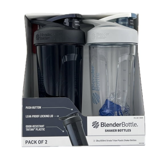 BlenderBottle Strada Shaker Bottle, 28 oz, Tritan Plastic, Leakproof Flip Cap, Wire Whisk Ball, BPA-Free, Pack of 2