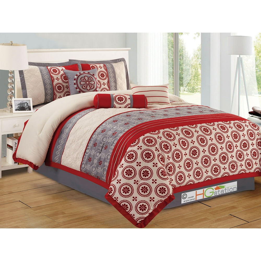 7Pc Quilted Trellis Floral Scroll Circle Dots Embroidery Comforter Set Red Gray Ivory Queen