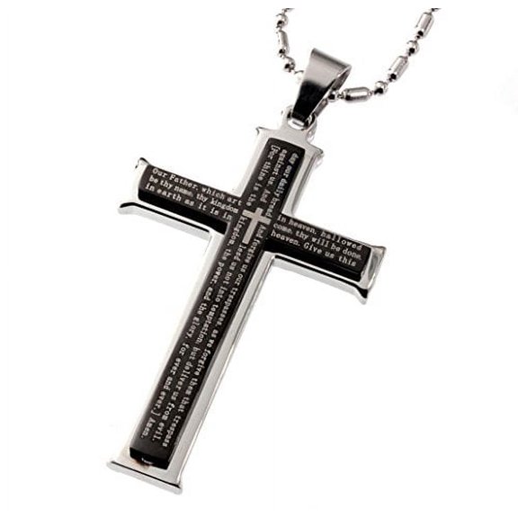 R.H. Jewelry Stainless Steel 2 X 1.25 Inch Large Cross Pendant Necklace the Lord's Prayer