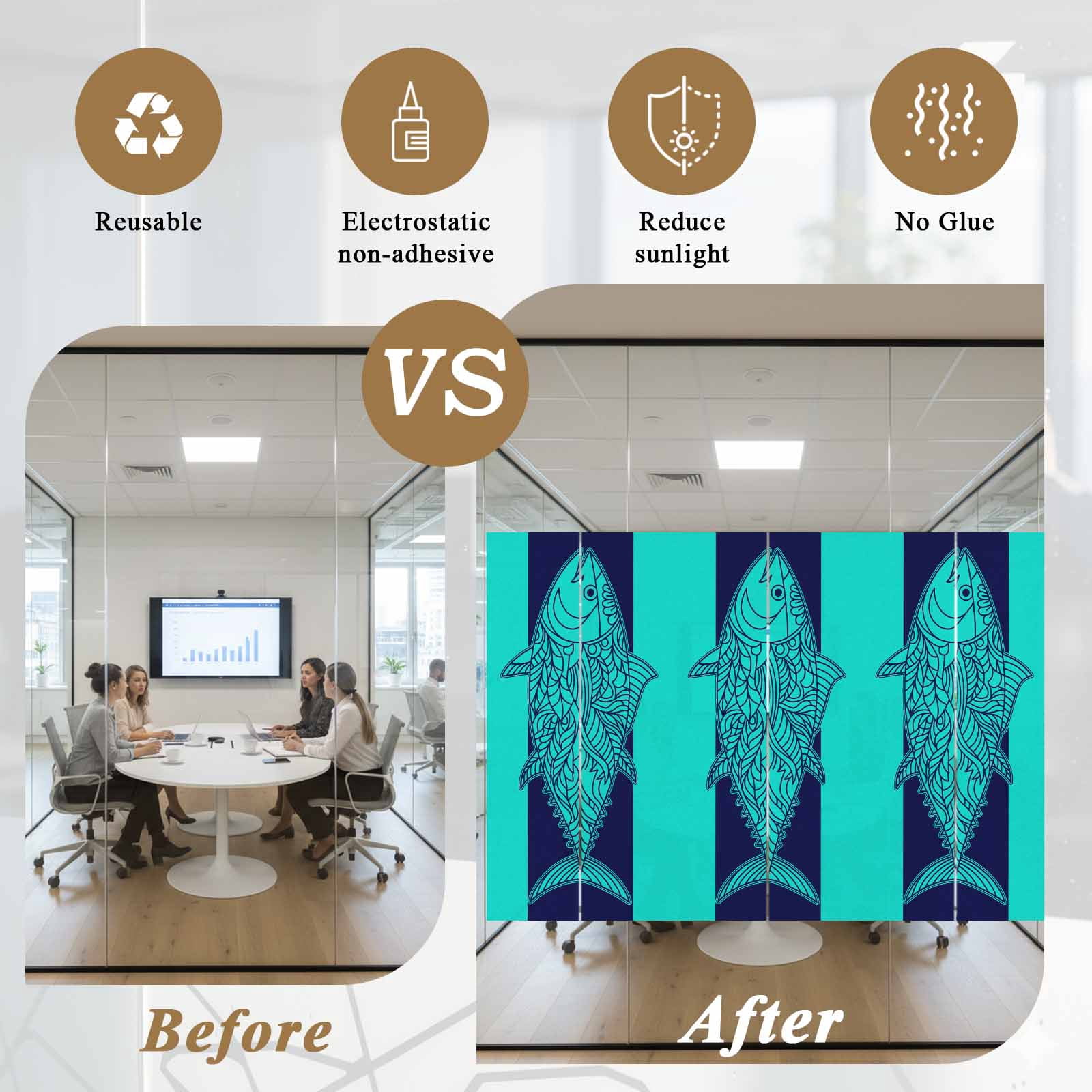 Tuna Window Privacy Film, Summer Beach Frosted Glass Window Clings Static Cling UV Heat Blocking Reusable Door Sticker for Bathroom 23.6 x 59 Inch