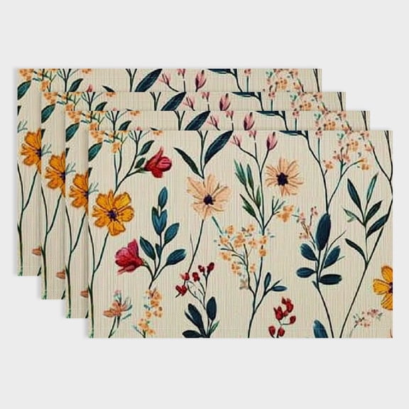 Pratyus Flowers and Leaves Party Table Placemat Set, Linen Cloth Indoor Outdoor Table Mat for Birthday, Christmas, Restaurants, Buffets - Pack of 4 18x12in
