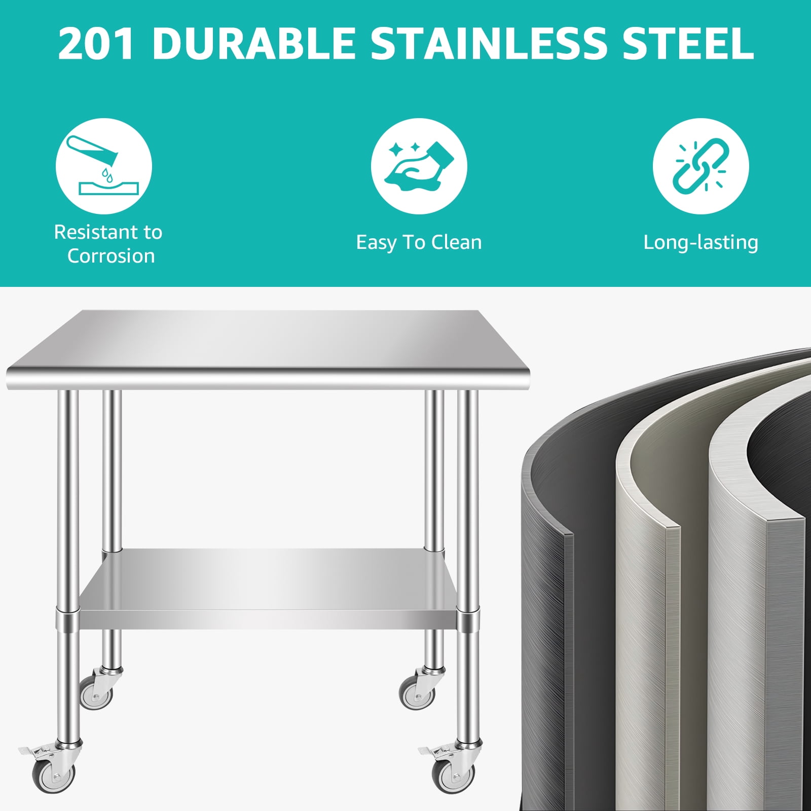 PRIJESSE Stainless Steel Work Table, 36 x 30 Inch Stainless Steel Table w/ Undershelf, Casters, Commercial Kitchen Work & Prep Table