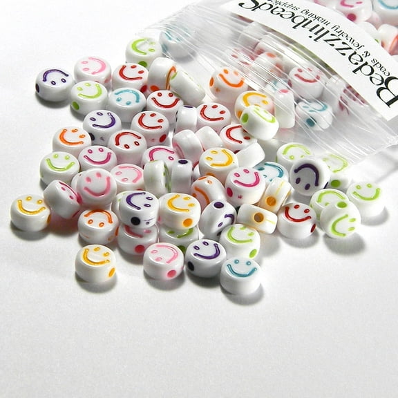 200 Assorted Color Plastic Acrylic 7mm Round Mixed Happy Smiley Face Coin Beads with Hole
