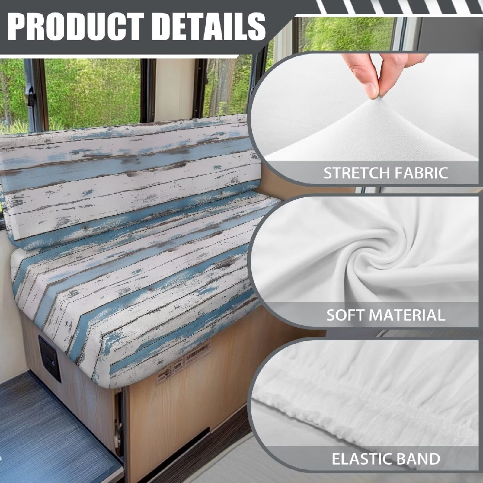 Pzuqiu Wooden Print RV Dinette Cushion Covers Stretch Camper Seat Cushion Slipcovers Washable Camper Sofa Cover Furniture Protector for RV Car Bench