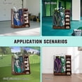thumbnail image 6 of HUJHKIO Golf Bag Storage Organizer for Garage, Premium Wooden Golf Bags Rack with Wheels, Easy Assemble Golf Club Stand/Holder Suitable for Garage Home Simulator and Office, Brown, 6 of 7