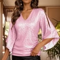 thumbnail image 4 of zaveiop Womens Sparkly Sequin Tops,3/4 Sleeve Glitter Party Dressy Blouse,V-Neck Disco Evening Club Concert Shirt (Pink, XL), 4 of 6
