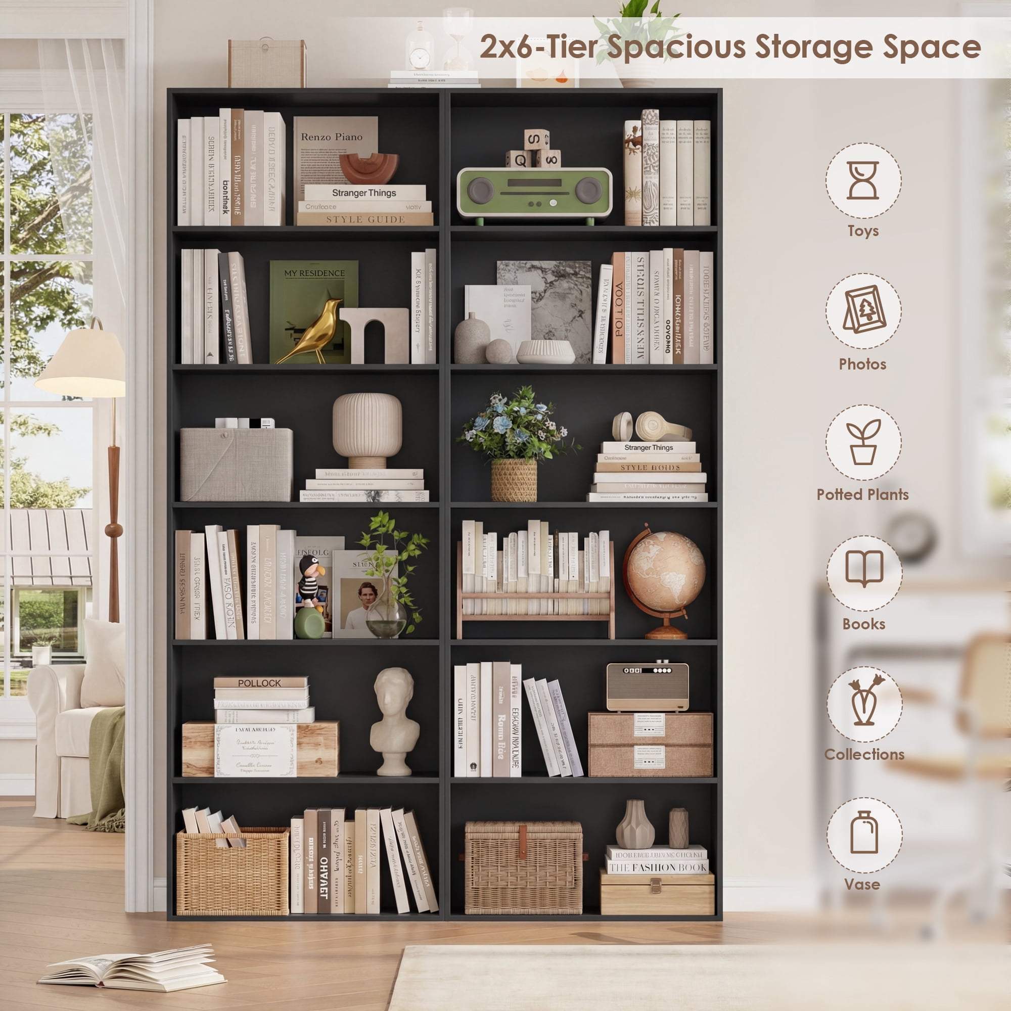Homfa 6 Tier Tall Bookshelf and Bookcase, 2PC Wooden Bookcase Display Shelf for Living Room Home Office Library Storage, Black