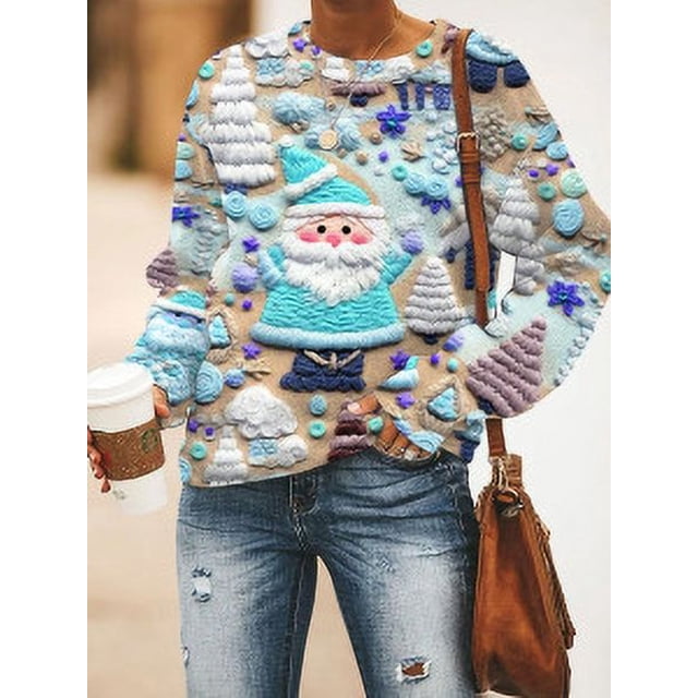 Suéter de cuello redondo informal holgado con estampado de elementos de color creativo para otoño e invierno