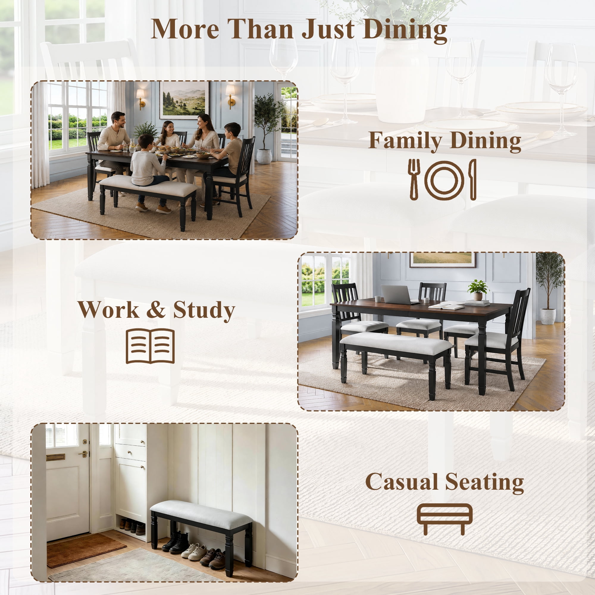 Euroco 6-Piece Dining Table Set for 6, Extendable Kitchen Table Set with 4 Upholstered Chairs and 1 Bench,Farmhouse Dining Set for Small Space, Easy Assembly,Espresso+Black