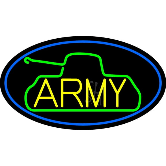 Yellow Army With Blue Oval Border LED Neon Sign 13 x 24 - inches, Black Square Cut Acrylic Backing, with Dimmer - Bright and Premium built indoor LED Neon Sign for Defence Force.