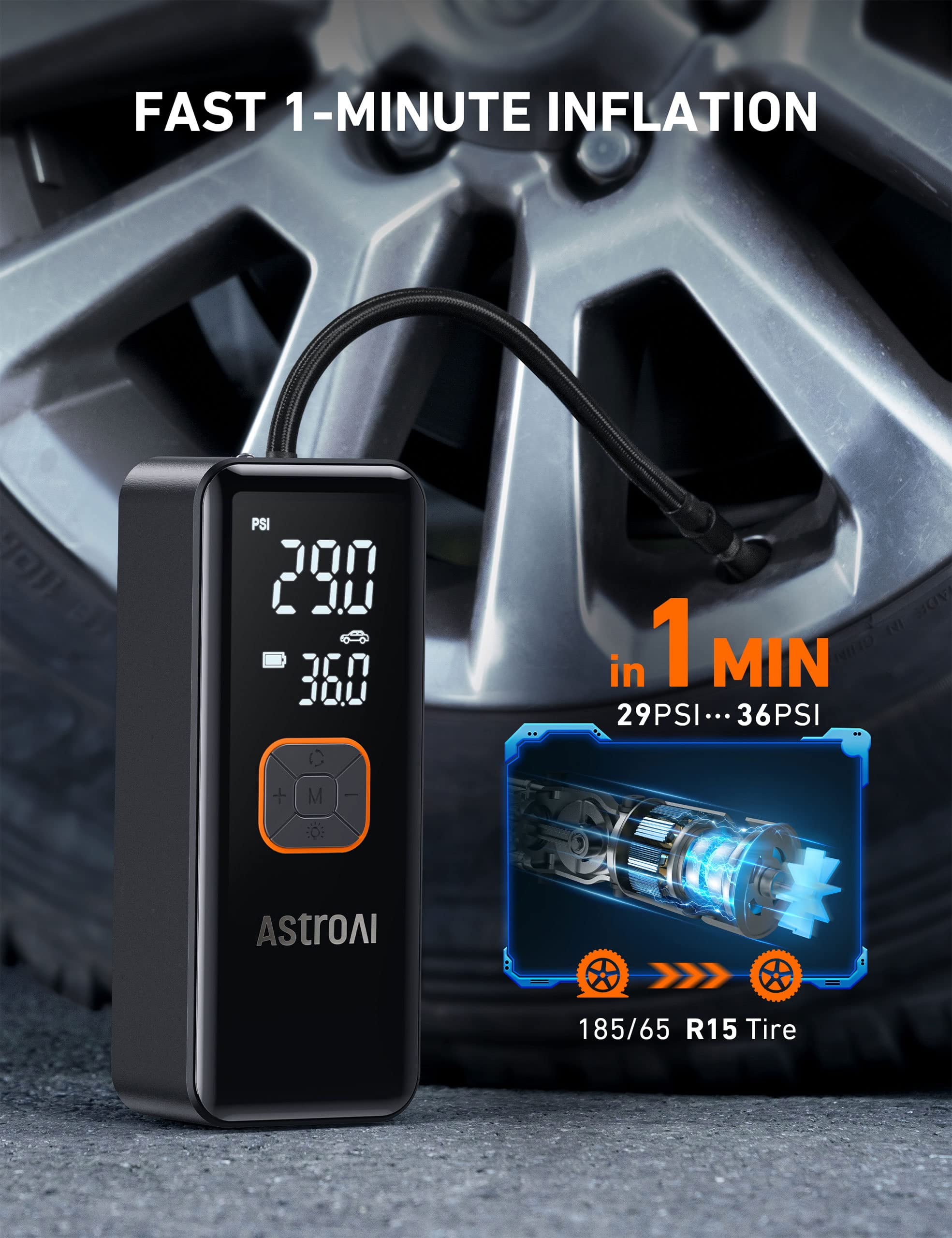 AstroAI L2 Tire Inflator Portable Air Compressor, Cordless Car Tire Pump with 6600 mAh Battery & DC Cord