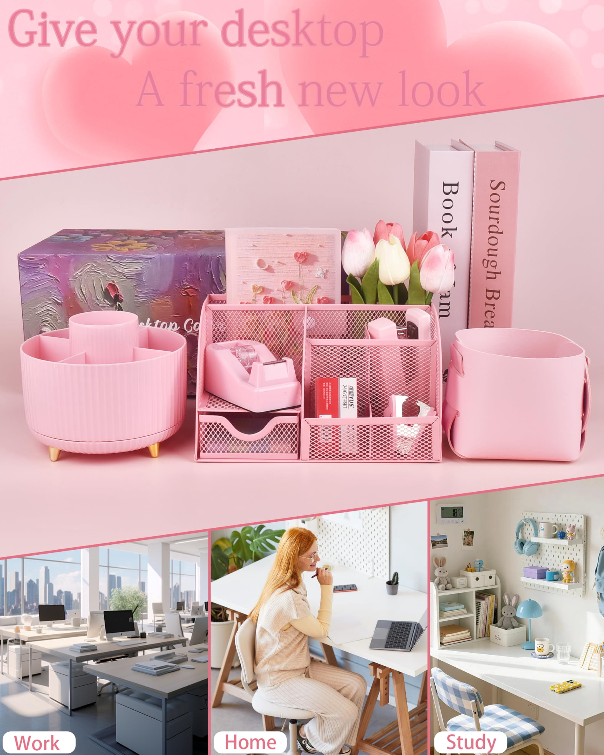 Pink Desk Accessories And Organizers With Organizer 360°rotating Pen Holder Stapler A Lot Of Office Supplies Beautifully Presented In Gift Box