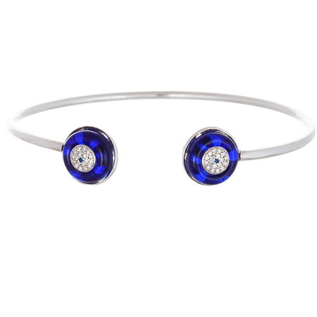 Navy Blue Glass with Center Evil Eye Ends Cuff Bangle in Sterling Silver