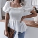 thumbnail image 2 of Top de mujer con cuello cuadrado, manga corta abombada, blusa informal con dobladillo con volantes, bata de poliéster para verano, blanco M, 2 of 6