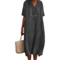 thumbnail image 3 of TIAFORD Vestido midi de lino y algodón con cuello en V y manga corta para mujer, vestido plisado con gradas, informal, suelto, de color sólido, 3 of 5