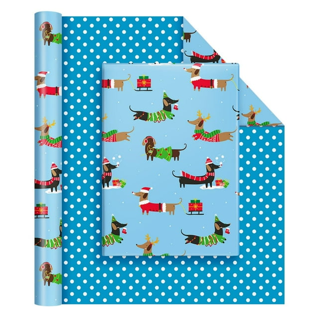 Papel de regalo azul para Navidad WERNNSAI 43x10 m con diseño de Dachshund
