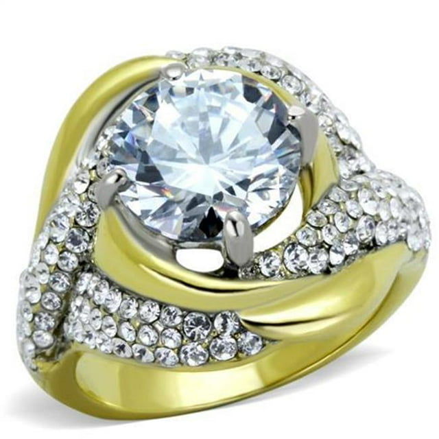 Women Two-Tone IP Gold Stainless Steel Ring with AAA Grade CZ in Clear - Size 10