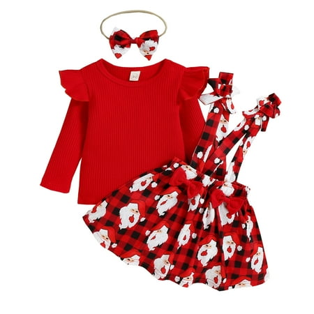 

WUXIAN Toddler Girls Christmas Long Sleeve Ribbed T Shirts Tops Xmas Cartoon Printed Suspender Skirts Headbands Outfits Infants Baby Clothes Children Cozy Dailywear