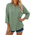 thumbnail image 2 of 3/4 Length Sleeve Womens Tops Cotton Linen V Neck Button Up Pleated Relaxed Fit Dressy Casual Office Work T Shirts, 2 of 5