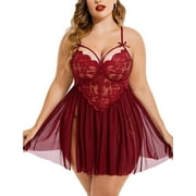 Avidlove Plus Size Lingerie for Women Sexy Strap Lace Chemise Nightgown V Neck Nighty Side Slit Mesh Sleepwear