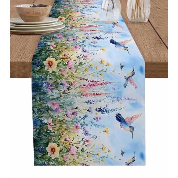Spring Floral Table Runner 90 Inches, Summer Botanical Hummingbird Bed Runner Dresser Scarves Tabletop for Indoor Outdoor Parties/Ceremony/Banquet, 13" x 90"