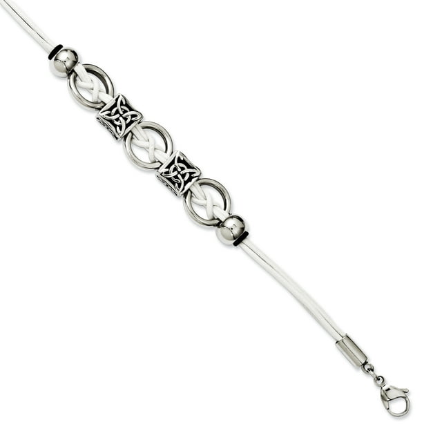 Stainless Steel White Leather Vintage Beads 8.25 Inch Bracelet Contemporary