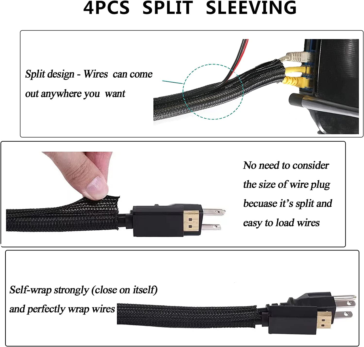 192 PCS Cable Management Kit 4 Wire Organizer Sleeve,11 Cable Holder,35Cord Clips 10+2 Roll Cable Organizer Straps and 100 Fastening Cable Ties for Computer TV Under Desk, black,clear