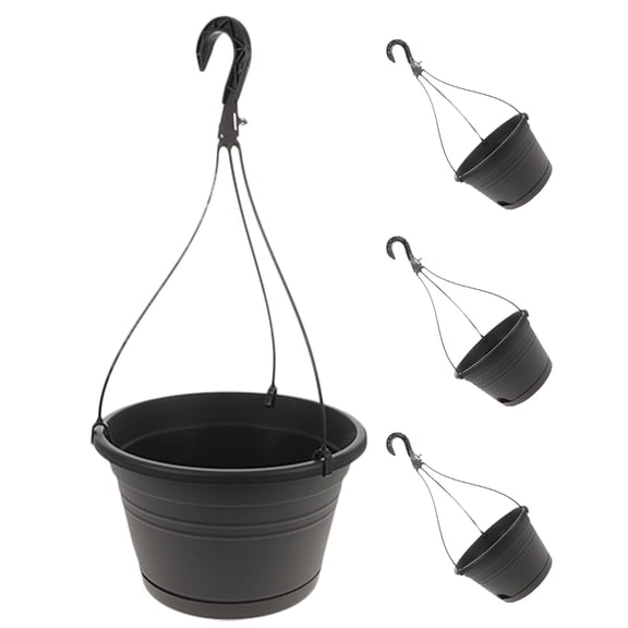 GAXIRE 4-Pack Black Plastic Hanging Plant Pots with Hooks for Indoor, Outdoor, Garden, Balcony, Patio Decoration