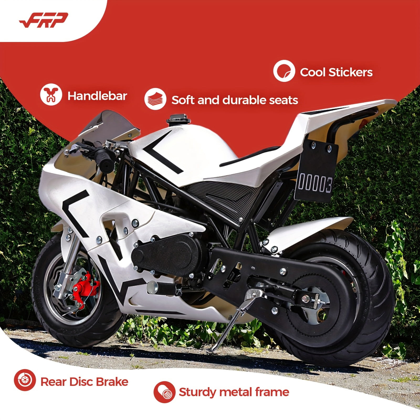 FRP 2 Stroke MiniBike 03, Pocket Bike for Kids W/ Strong Dual Brake, Realistic Racing Pocket Rocket Max Speed 20 Mph, Mini Bike Max Weight 165 LB-Ultra Edition, White