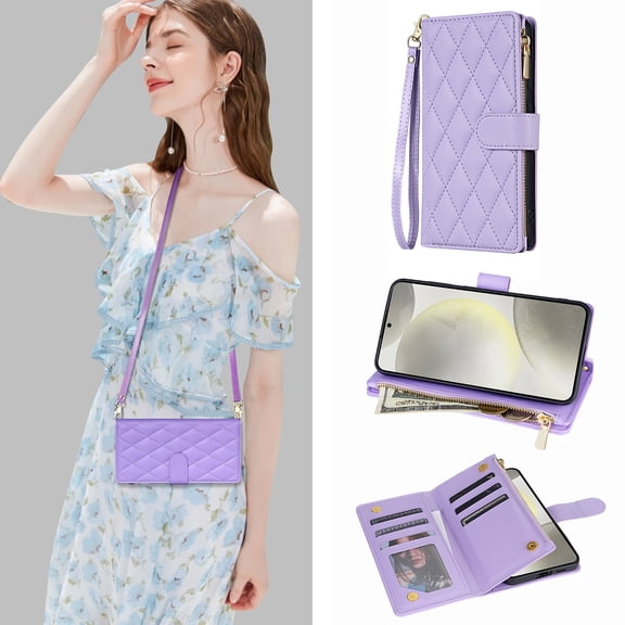 Allytechgroup For Samsung Galaxy S26 Ultra Flip Wallet Case with Card & Cash Slots, Zipper Pocket, Crossbody Shoulder Strap & Lanyard, Purple