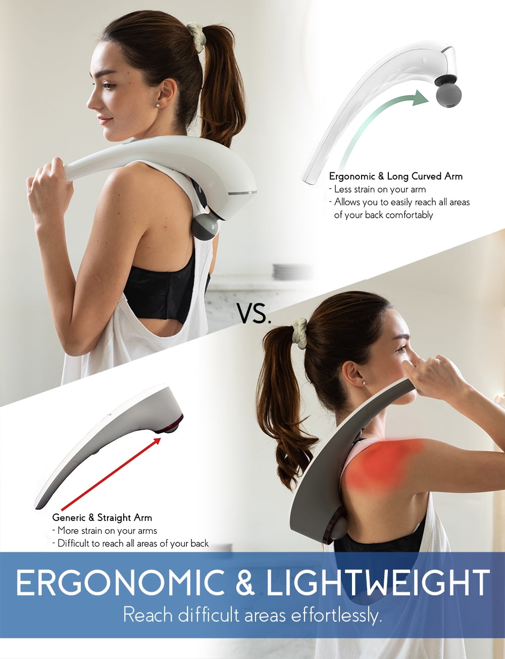 Zyllion Handheld Back and Neck Massager - Cordless Rechargeable Electric Vibrating Deep Tissue Massage with Heat for Athletes, Recovery and Muscle Pain Relief - White (ZMA-27-WT)
