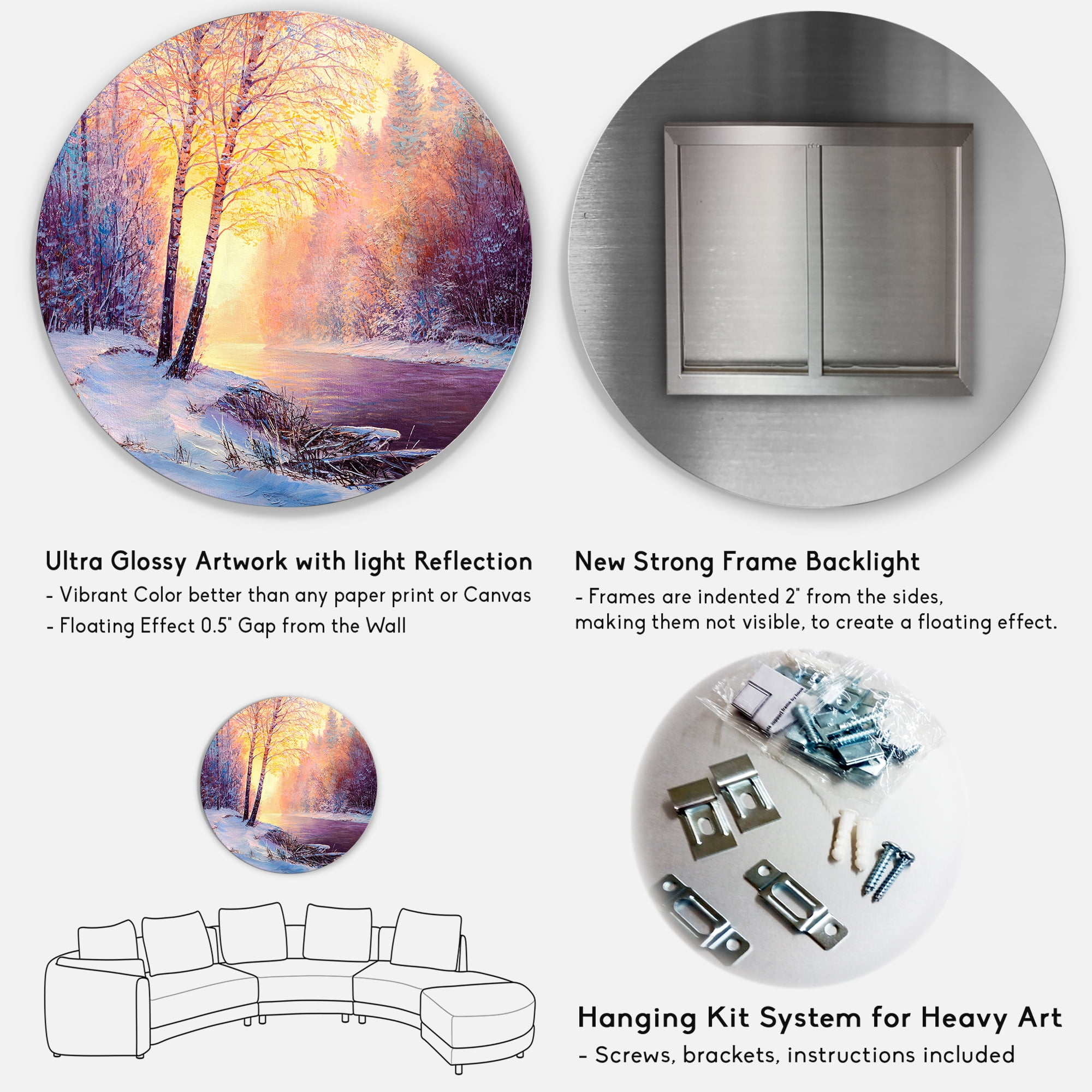 Designart 'Bridge Of Meandering River With Winter Scenery II' Lake House Circle Metal Wall Art 29x29 - Disc of 29