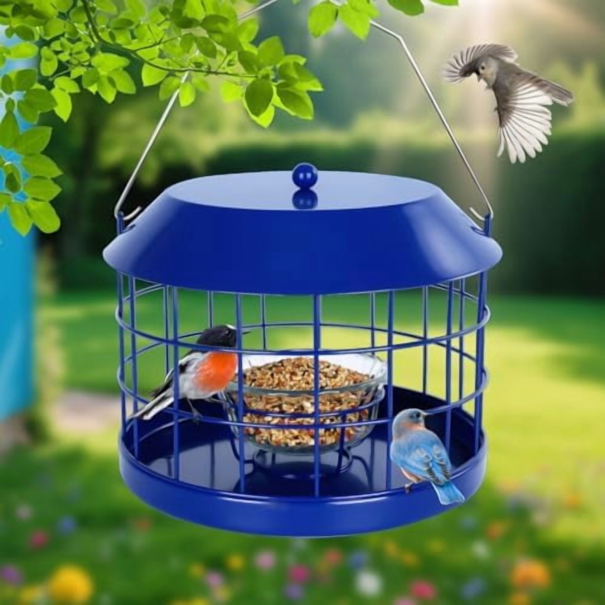 Caged Bluebird Feeder for Mealworms with Glass Bowl, Squirrel Proof Bird Feeder for Small Birds Only, Detachable Hook, Large Space, Outdoors Weatherproof, Metal, Blue