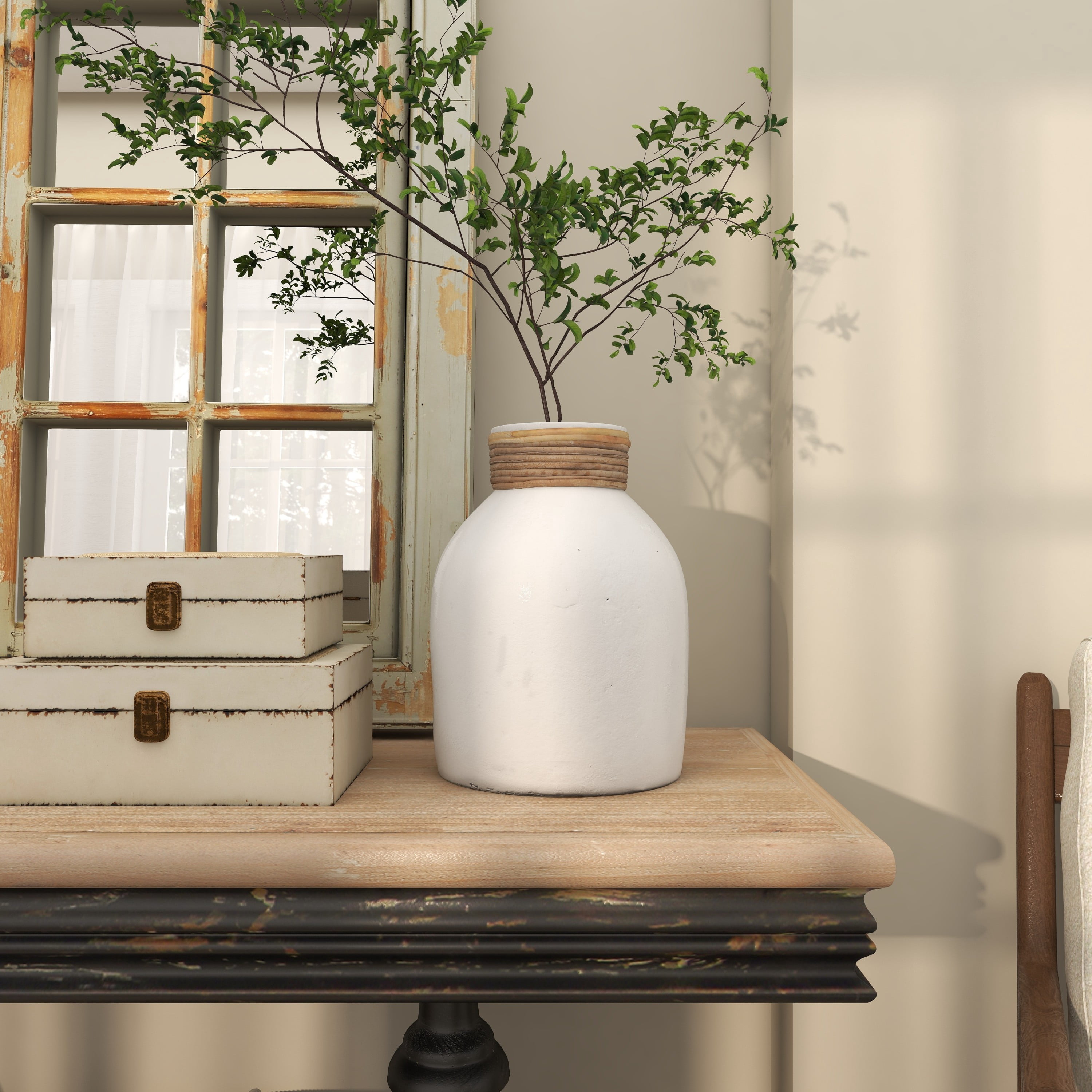 DecMode 11" White Ceramic Vase with Wrapped Rattan Detailing