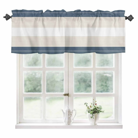 Haze Blue Beige Stripe Kitchen Valances for Windows 42x12 Inch Kitchen Curtains Valances Rod Pocket Modern Art Horizontal Striped Bathroom Window Valances for Window Treatment Decor