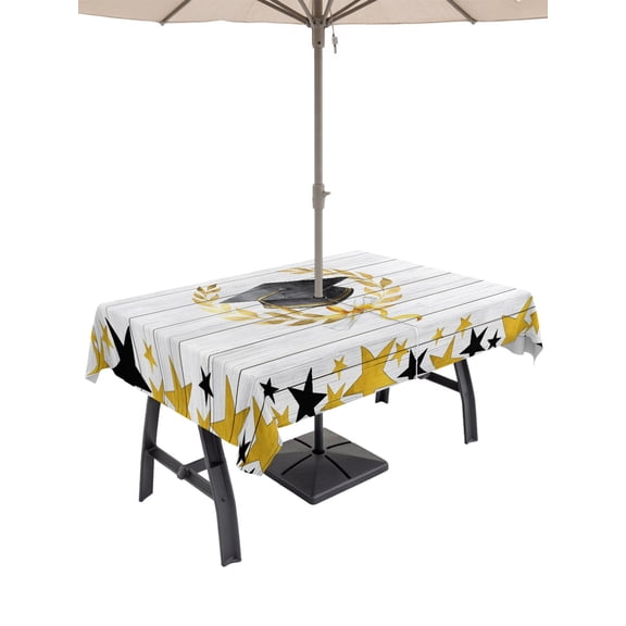 54x80 Inch Outdoor Tablecloth with Umbrella Hole Zipper Rectangle Academic Cap Diploma Rectangular Tablecloths Outside Waterproof Modern Graduation Star Wooden Patio Table Cloth Cover for Picnic