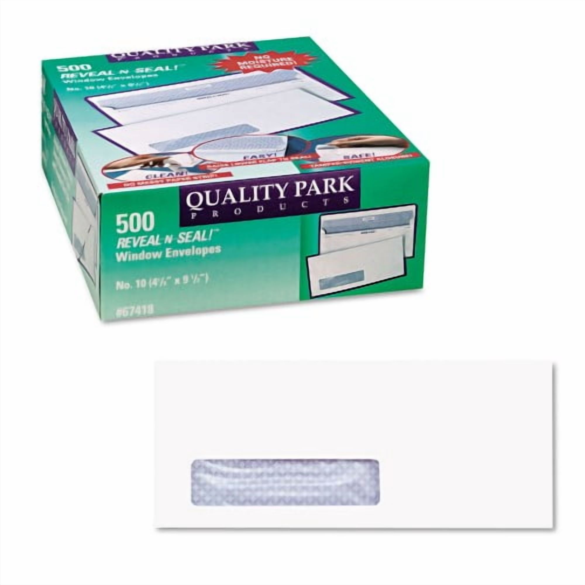 Quality Park Reveal-N-Seal Security-Tint Envelope, Address Window, #10, Commercial Flap, Self-Adhesive Closure, 4.13 x 9.5, White, 500/Box