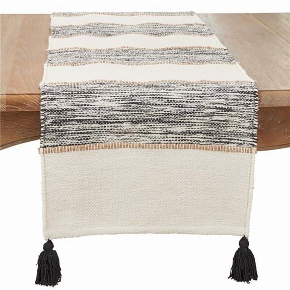 16 x 72 in. Striped Oblong Table Runner with Playful Tassels, Black & White