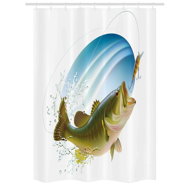 Fishing Stall Shower Curtain, Largemouth Sea Bass Catching a Bite in Water Spray Motion