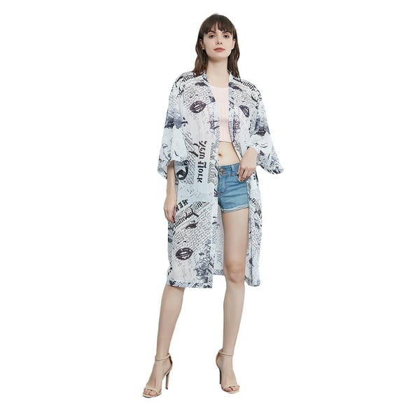 Women Marilyn Monroe Cardigan Beach Cover Ups Long Open Kimono with 3/4 Sleeve